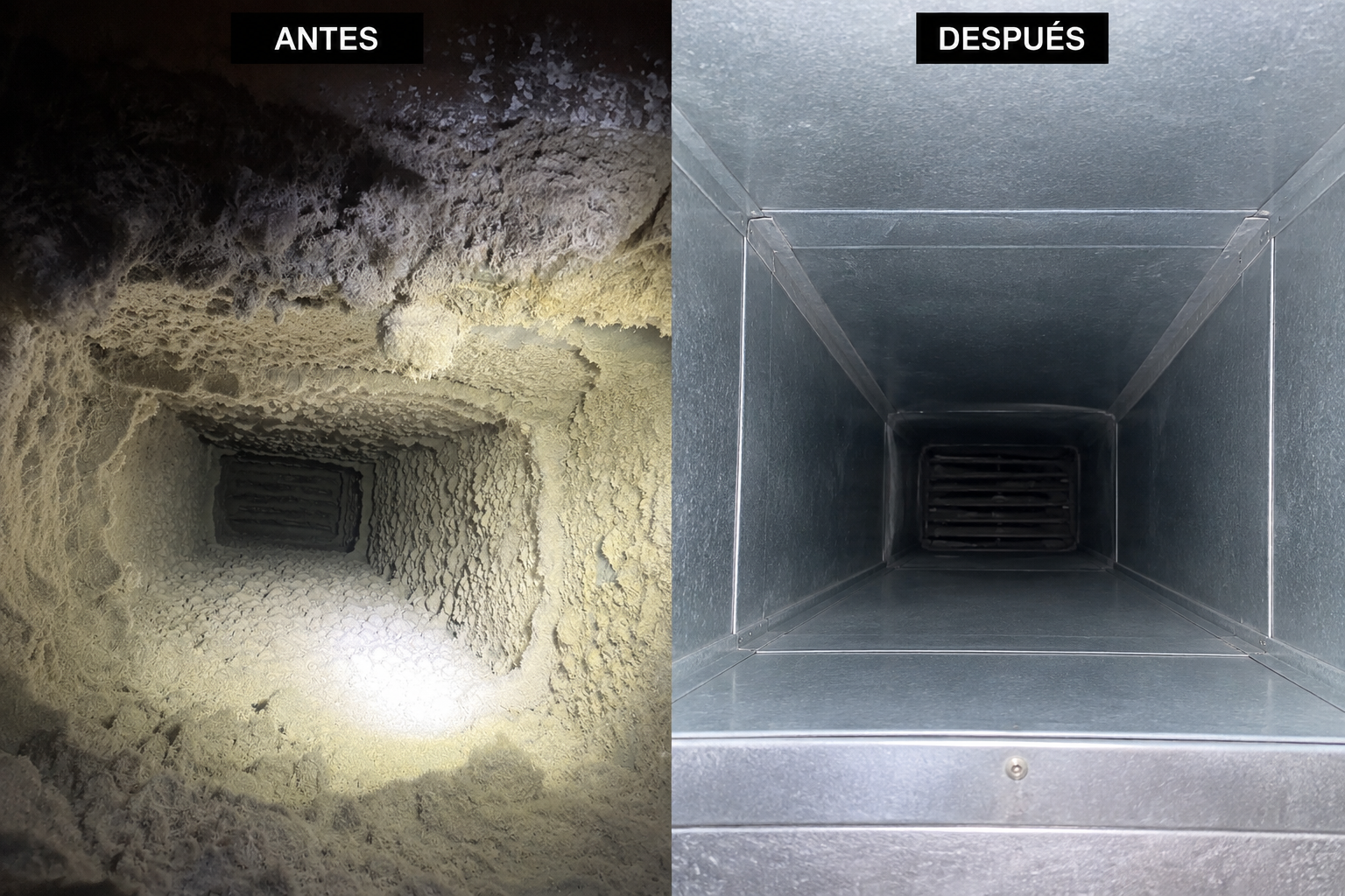 Comparación antes y después de limpieza profesional de conductos HVAC en Puerto Rico — conducto sucio con acumulación de polvo vs conducto limpio